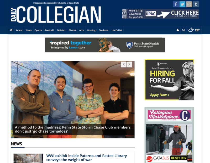 Front Page of Collegian website with STS Hiring for Fall ad