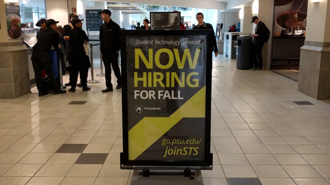 Student Technology Services Now Hiring for Fall poster in the HUB