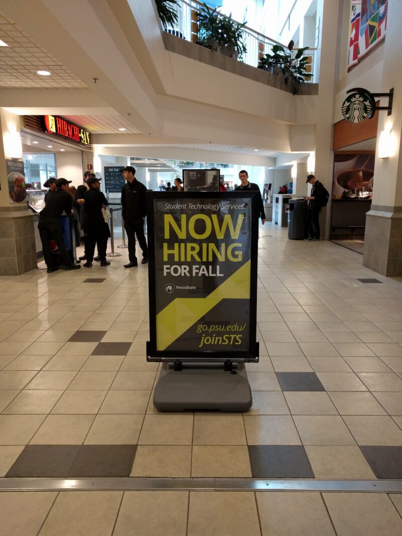 Student Technology Services Now Hiring for Fall poster in the HUB