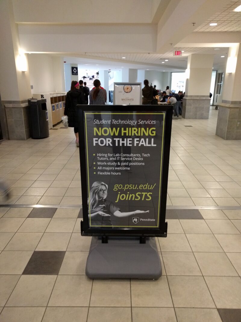 Student Technology Services Now Hiring for Fall poster in the HUB