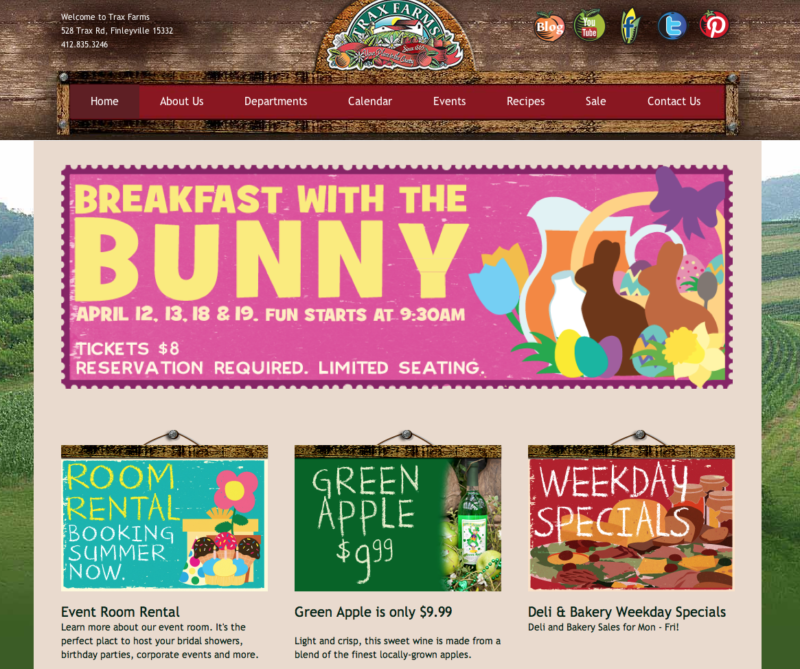 Trax Farms homepage with Breakfast with the Bunny illustration and specials