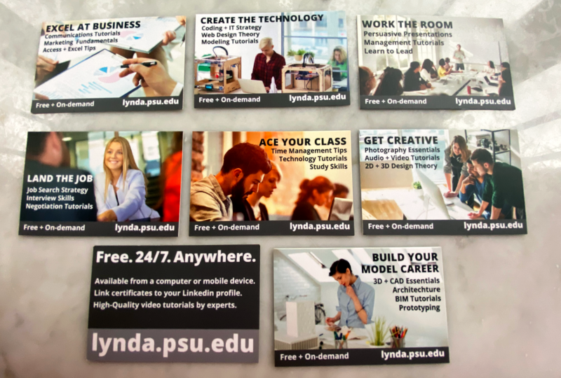 Collection of eight business cards promoting Lynda.com