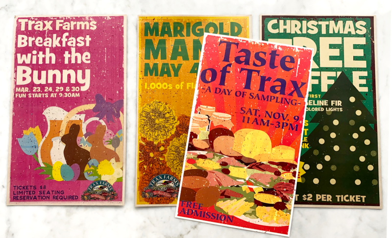 Four examples of illustrated Trax Farms posters